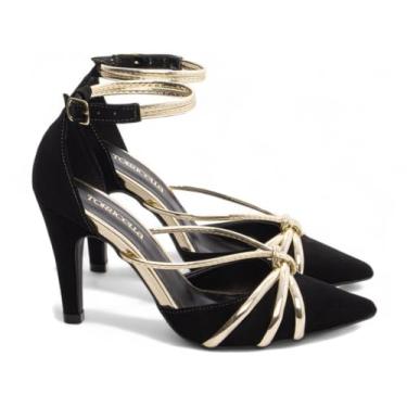 Imagem de Scarpin Preto com Tiras Douradas, Salto Alto, Bico Fino, Fechamento com Fivela