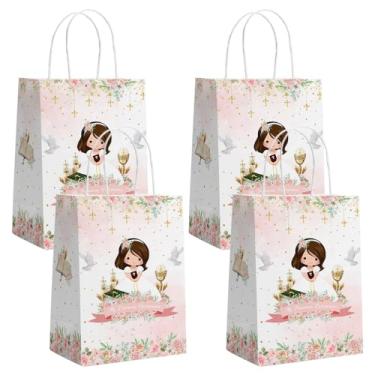 Imagem de AIBIIN 24 peças rosa Mi Primera Comunion sacos de presente com alças para meninas rosa floral primeira comunhão batismo lembrancinhas de festa Deus abençoe batizado guloseimas doces sacos de papel