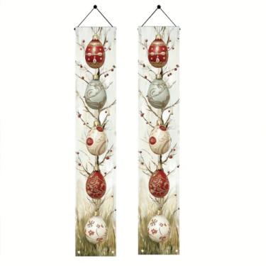 Imagem de Starlit Patio Faixa de sinal de alpendre de ovo de Páscoa de boas-vindas 2 peças faixa de porta de Páscoa feliz decoração de páscoa sinal de boas-vindas banner pendurado para tema de primavera