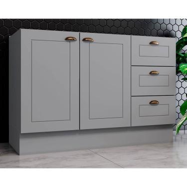 Imagem de Gabinete de Cozinha Modulado Balcão Americana 2 Portas e 3 Gavetas p/ Pia 120cm S/tampo Cinza - Henn