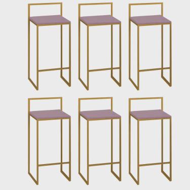 Imagem de Kit 06 Banquetas Alta Com Encosto Lino Industrial Balcão Bistrô Ferro Dourado mdf Madeira Rose Gold - Ahz Móveis