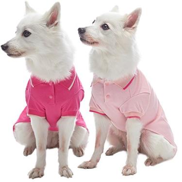 Imagem de Pacote com 2 camisetas polo para cachorro Blueberry Pet de mistura básica de algodão vermelho e rosa Amaranth, comprimento das costas 30,48 cm, roupas para cães
