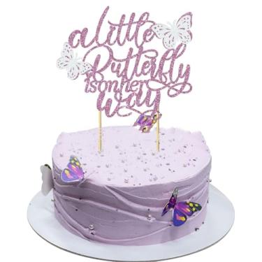 Imagem de Topo de bolo A Little Butterfly Is On Her Way, enfeite de bolo de chá de bebê para anúncio de gravidez revelação de gênero, decorações de festa de aniversário com tema de borboleta