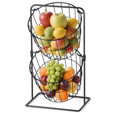 Imagem de yuejihuisimple Cesta de frutas de 2 camadas para cozinha – Tigela de frutas de metal com design ventilado, rack de armazenamento resistente para frutas, legumes – Expositor de bancada para casa