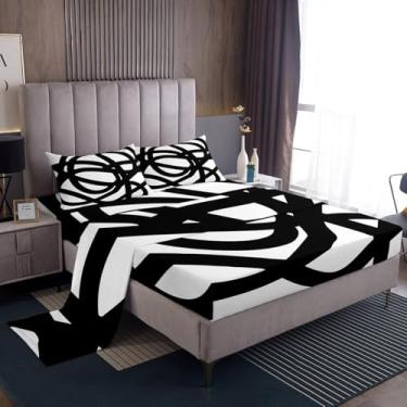Imagem de Jogo de lençol Queen com listras abstratas, linhas geométricas, arte moderna, para meninas, meninos, geométrico, moderno, preto e branco, 4 peças (elástico + plano + 2 fronhas)