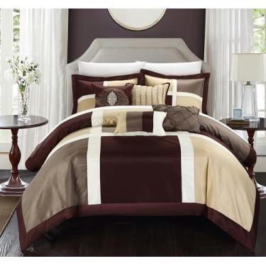 Imagem de Chic Home Conjunto completo de cama Alleta de 7 peças contemporâneo, patchwork, cor sólida, padrão de bloco, Queen, marrom