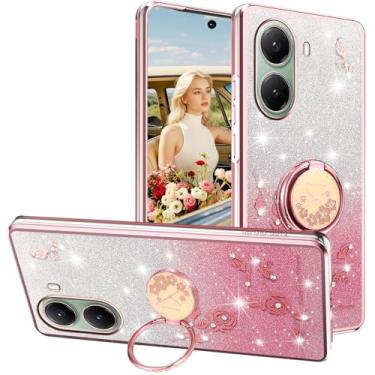 Imagem de Ephoou Capa para Xiaomi Poco X7 Pro com suporte de anel, flores de diamante brilhantes brilhantes design floral com glitter capa de silicone TPU macio transparente para Xiaomi Poco X7 Pro HSF-rosa