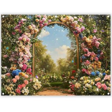 Imagem de ZTHMOE 2,4 x 1,8 m Tecido Primavera Encantado Jardim Fundo de Conto de Fadas Floresta Floral Borboleta País das Maravilhas Pintura a Óleo Fotografia Fundo Menina Crianças Aniversário Decoração Foto