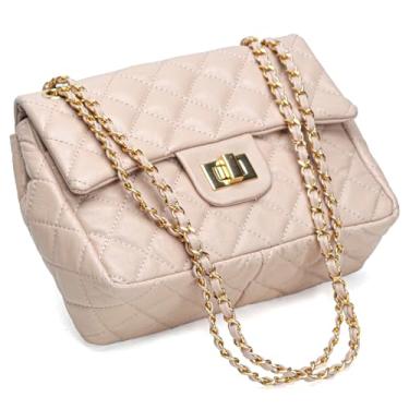 Imagem de Bolsa Feminina Couro Legitimo Matelassê Média (Nude C/Dourado)