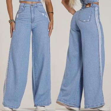 Imagem de Calça Jeans Feminina Pantalona Cintura Alta Flare Jogger Wede Leg Ofer