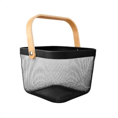 Imagem de Cesto Organizador Multiuso Quadrado Metal Aramado Telado com Alça de Madeira Bambu Caixa Decorativa Fruteira Cozinha Livros Brinquedos Piquenique