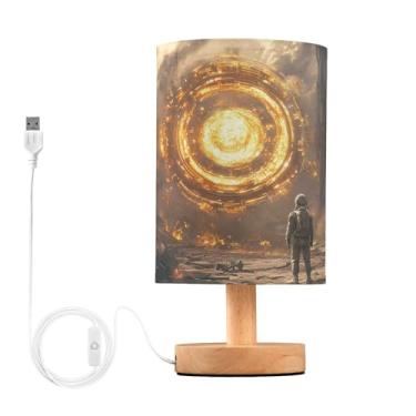 Imagem de Portal dourado em lâmpada de paisagem ardente, mesa de escritório, abajur de linho para quarto, reforma da casa