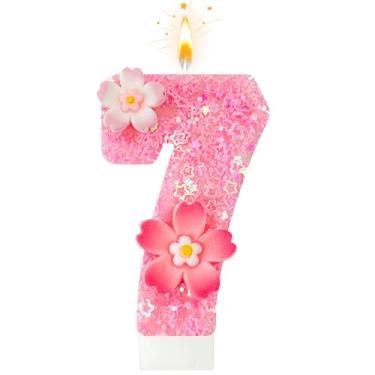 Imagem de Vela de aniversário de flor rosa, número de velas de aniversário para bolo, decoração de bolo para festas de aniversário, aniversário de casamento e outras celebrações (número 7, rosa)