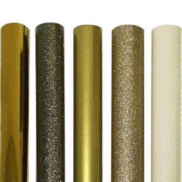 Imagem de SHOYISI Glitter Transferência De Calor Vinil Metálico Htv Folha Dourada Passar A Ferro 5 Folhas 12" X 10" Pu Para Camisetas Faça Você Mesmo