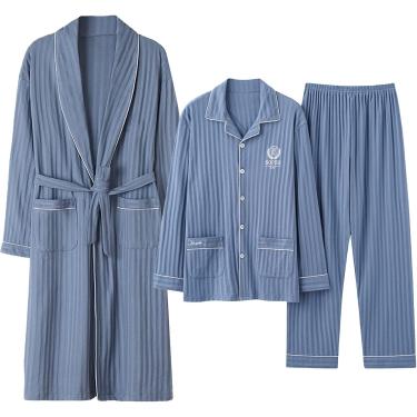 Imagem de Pijama masculino define algodão de manga longa, manga comprida, tecido de tecido de botão com roupão de banho e calça superior de 3, azul claro 3, l