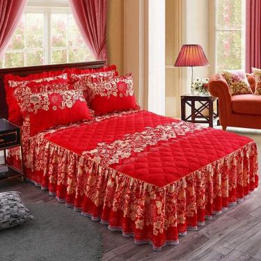 Imagem de Conjunto De 3 Peças Colchas, Saia De Lençol Acolchoado Acolchoado, Colchas De Babados De Renda Lençol Fronha Flor Colcha Elástica Com Babados Casa Decorar Capa De Colchão Rou, C, 180 * 220cm