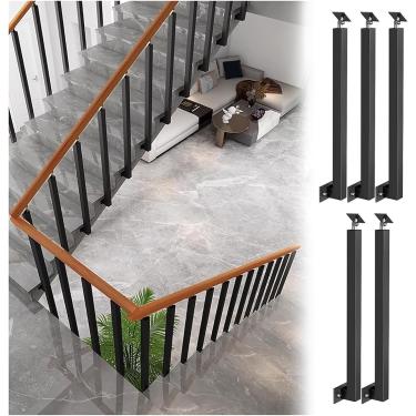 Imagem de Pilar De Corrimão Montado Lateralmente - Poste De Balaustrada De Escada, Eixos De Corrimão De Metal Preto Com Suporte De Ângulo Plano E Ajustável De 270°, 5 Pack, Height-70cm(27.5in)