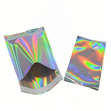 Imagem de PABCK Embalagem com 100 envelopes metálicos holográficos de 3,94 x 5,91 + 3 cm envelopes metálicos holográficos de poliéster autovedantes, sacos de alumínio com glitter, envelopes de envio, bolsas de