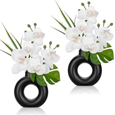 Imagem de Briful Flores de orquídea falsas com vaso preto, 2 peças, orquídeas brancas, arranjos de flores de seda, plantas de orquídea artificiais, para casa, escritório, sala, cozinha, prateleira, mesa