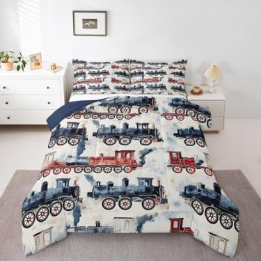 Imagem de Conjunto de edredom infantil vintage com estampa de locomotiva, retrô, carro, veículos ferroviários, colorido, trem a vapor, para decoração de casa