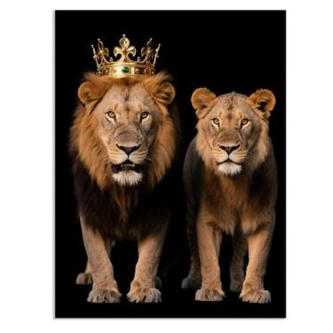Imagem de SDYJ6GSW Arte de parede em tela sem moldura O Rei Leão e a Rainha com Coroa Dourada Pôster Preto e Branco Animal Decoração de Parede Pintura para Casa Quarto Sala de Estar Escritório 40 x 30 cm (16 x