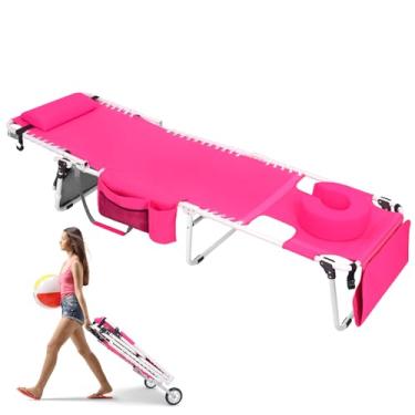 Imagem de WHEEL-2-GO Cadeira de bronzeamento resistente com orifício acolchoado ajustável dobrável para cadeira de praia externa portátil com rodas para banhos de sol ao ar livre, pátio, piscina, gramado, deck