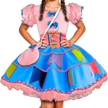 Imagem de Vestido Festa Junina Infantil Rosa Luxo Com Bolsa e Corselet - Fantasi