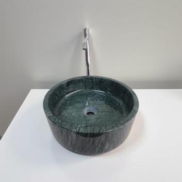 Imagem de Pia de vaso de mármore verde redonda, 39,9 cm de diâmetro, 13 cm de altura, superfície polida