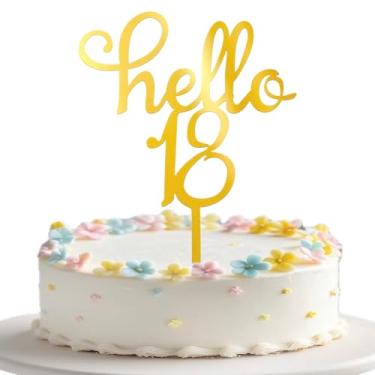Imagem de Rsstarxi Pacote com 3 Hello 18 Topper Bolo Dourado Espelhado Acrílico Palheta de Bolo Cheers para 18 Anos Decorações de Bolo para Feliz Aniversário de 18 Anos Celebrações Festa Decorações de Bolo