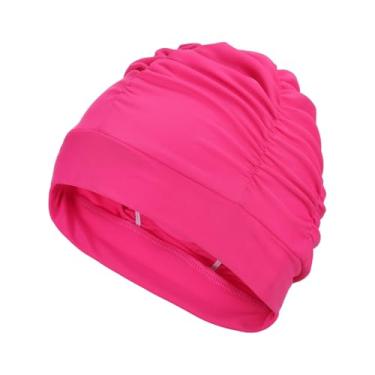 Imagem de YELARXI Touca de natação de tecido de poliéster touca de natação elástica, adequada para mulheres e homens adultos cabelos longos (Fúcsia)