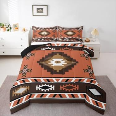Imagem de Erosebridal Conjunto de edredom tribal asteca, tamanho casal, terracota, étnico, decoração de quarto ocidental, geometria do sudoeste, edredom rústico indiano com 2 fronhas