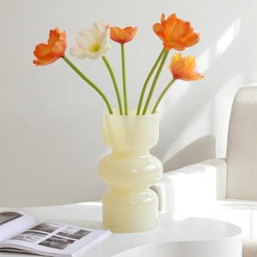 Imagem de GarDream Vaso de vidro creme, vasos de flores vintage de 17 cm para decoração de mesa de centro de mesa, prateleiras, vasos de vidro amarelo colorido para flores, buquê, vaso decorativo para decoração