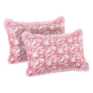 Imagem de Capa de almofada com babados CPC vermelho rubi 100% algodão estampado 50 x 76 cm pacote com 2, fronha floral boho feita à mão, capa de almofada Lumar decorativa macia para decoração de quarto