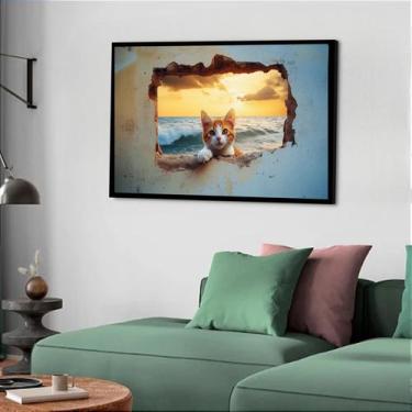 Imagem de Quadro Decorativo Gato Muro Praia - 50x70cm - Quadros On-line, Moldura