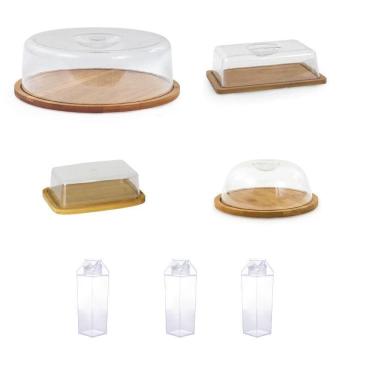 Imagem de Kit Bambu Boleira + Porta Frios + Manteigueira + Queijeira + 3 Garrafas