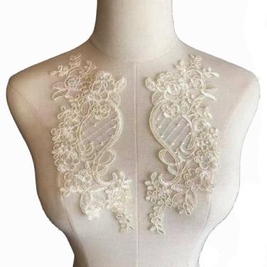 Imagem de Lmlliang 1 par de apliques de flores de renda – Acabamento de renda bordado com motivo floral costurado para roupas DIY, vestidos de casamento, artesanato e decorações, champanhe