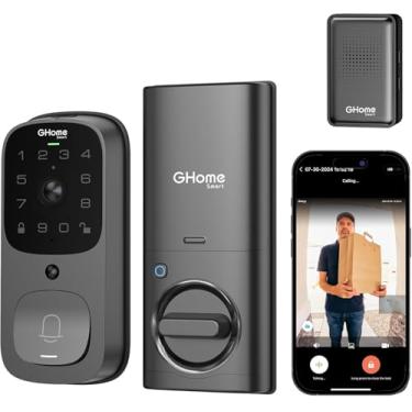 Imagem de GHome Smart Fechadura de porta 3 em 1 com impressão digital, WiFi, fechadura inteligente de entrada sem chave, câmera HD 2K, 2,4 GHz, controle remoto de aplicativo, maçaneta inteligente com campainha