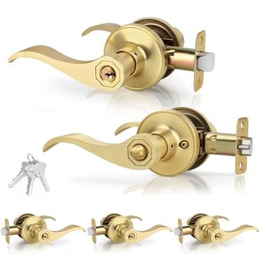 Imagem de Gaurqiah Keyed-Alike 5 maçanetas de porta estilo onda atacado com chaves, maçanetas de porta reversíveis ouro escovado com fechadura, maçaneta interna para quarto de banho, latão acetinado
