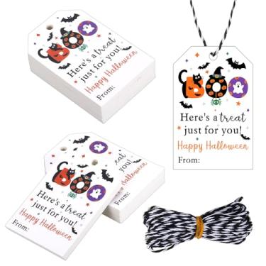 Imagem de 50 etiquetas de feliz dia das bruxas com cordão, etiquetas de presente de papel personalizadas para Dia das Bruxas, recheios de cesta Boo para meninas e meninos, etiquetas de nome penduradas para