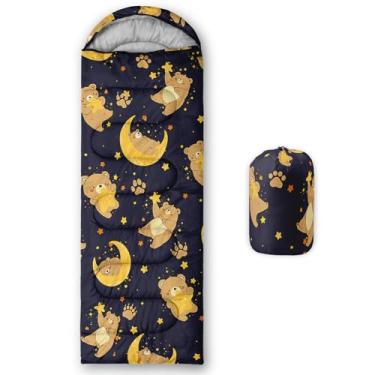 Imagem de AILONEN Saco de dormir de urso Kawaii, 3 estações, clima quente e frio, leve, impermeável, pegadas de estrelas fofas, urso animal, saco de dormir para meninos, crianças, adolescentes, viagens