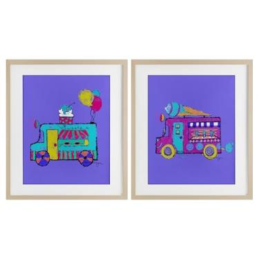 Imagem de Stupell Industries Conjunto de 2 peças com estampa emoldurada de bétula vibrante de caminhões de sorvete de verão por Susan Lugar, 21 x 17
