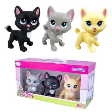 Imagem de Kit com 3 Bonecos Mini Gata Cinza Preto e Creme Barbie Pupee Brinquedo Criança Diversão...