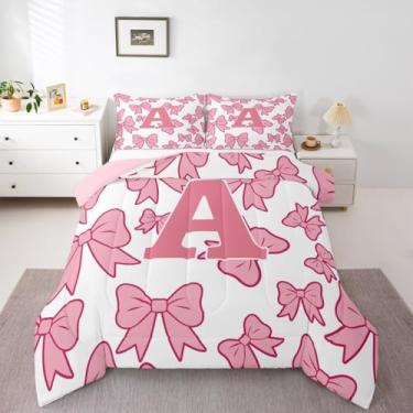 Imagem de jejeloiu Conjunto de cama com laço kawaii, macio, para meninos e meninas, tamanho casal, edredom com laço de microfibra, laço fofo, monograma, 3 peças com 2 fronhas