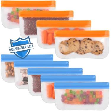Imagem de Sacos de lanche reutilizáveis seguros para lava-louças, pacote com 9 sacos Ziplock reutilizáveis de silicone extra espessos sacos de armazenamento de alimentos reutilizáveis à prova de vazamento para doces, lanches, sanduíches, cerais, itens de viagem, organização doméstica