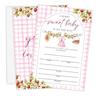 Imagem de Beshoul Convites de chá de bebê para meninas, 10 cm x 15 cm, convites de chá de bebê com envelopes, decoração de festa revelada de gênero de morango - B02