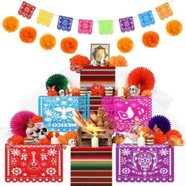 Imagem de Newwiee 82 peças Dia dos Mortos Altar Kit de Decoração Dia De Muertos Toalha de Mesa Descartável LED Vela Papel Calêndula Flor Leque Borboleta Papel Mexicano Picado Banner Suprimentos (cor brilhante)