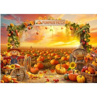Imagem de Remendo de abóbora cenário para fotografia de outono, 2,1 x 1,5 m, colheita de outono, pôr do sol, fundo de ação de graças, tema de fazenda, cenário de festa, decoração de cabine de fotos infantil 340