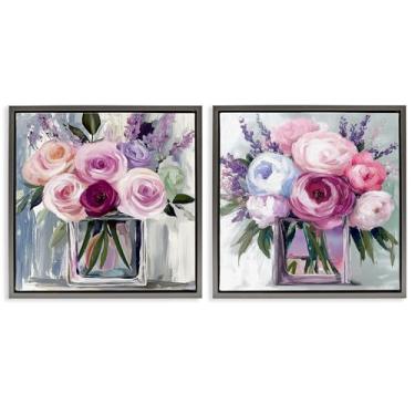 Imagem de Stupell Industries Conjunto de 2 peças de vasos cúbicos de flores em tela flutuante emoldurada cinza por Annabelle Hall, 25 x 25