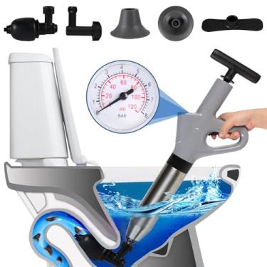 Imagem de Desentupidor de vaso sanitário, kit de desentupidor de drenagem de ar de alta pressão com barômetro visual, ferramenta de remoção de entupimento de vaso sanitário de aço inoxidável, êmbolo de ar