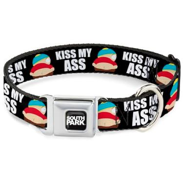 Imagem de Coleira para animais de estimação Comedy Central, coleira de cachorro, fivela de cinto de segurança de metal, calça South Park Cartman Kiss My Ass Pose preto branco, 24 a 33 cm de largura